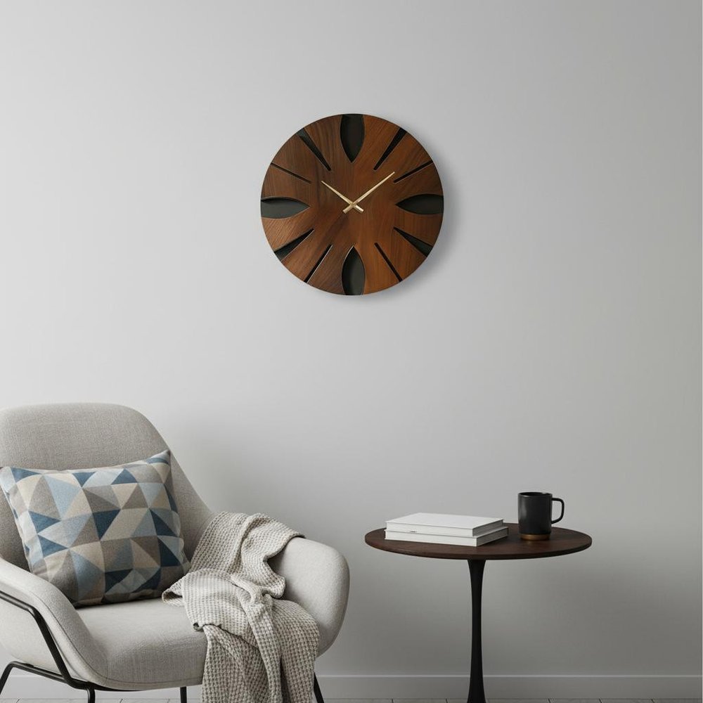 14" Brown Solid Wood Silent Analog Abstract Round Wall Clock