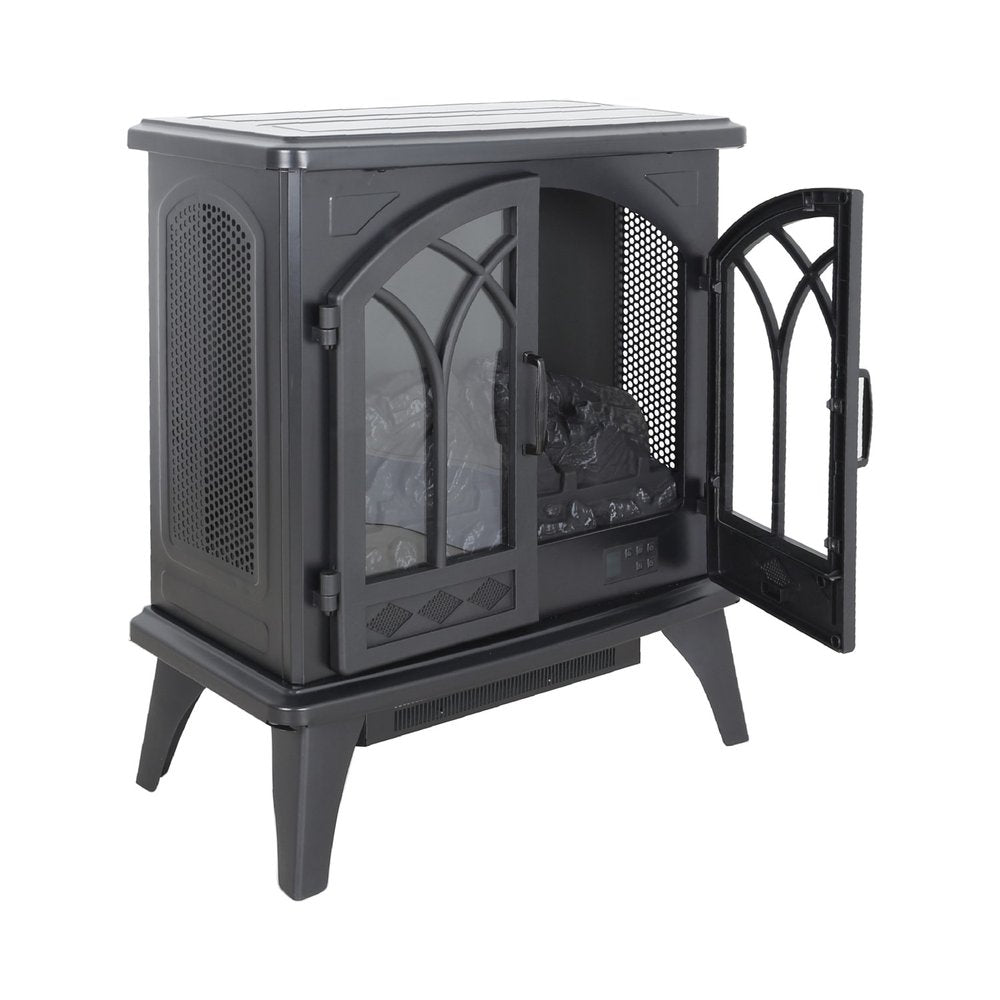 24" Black Carved Geometric Metal Electric Fireplace