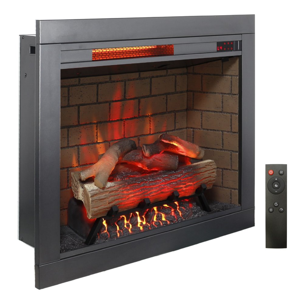 28" Black Faux Brick Metal Electric Fireplace And Speaker