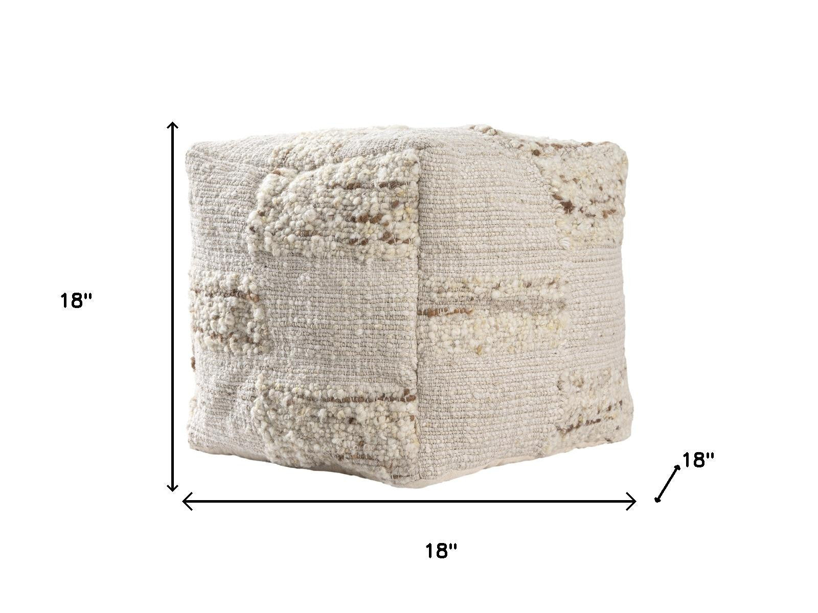 18" Off White And Natural Cotton Jute And Wool Checkered Cube Pouf Ottoman
