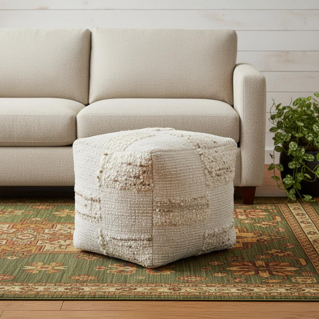 18" Off White And Natural Cotton Jute And Wool Checkered Cube Pouf Ottoman