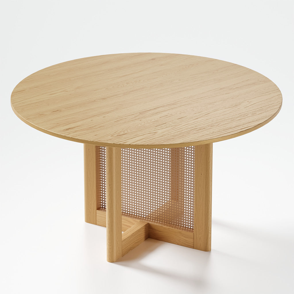 52" Natural Solid Wood and Rattan Cross Leg Base Round Top Dining Table