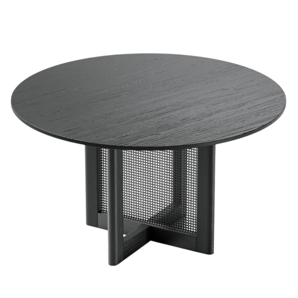 52" Black Solid Wood and Rattan Cross Leg Base Round Top Dining Table