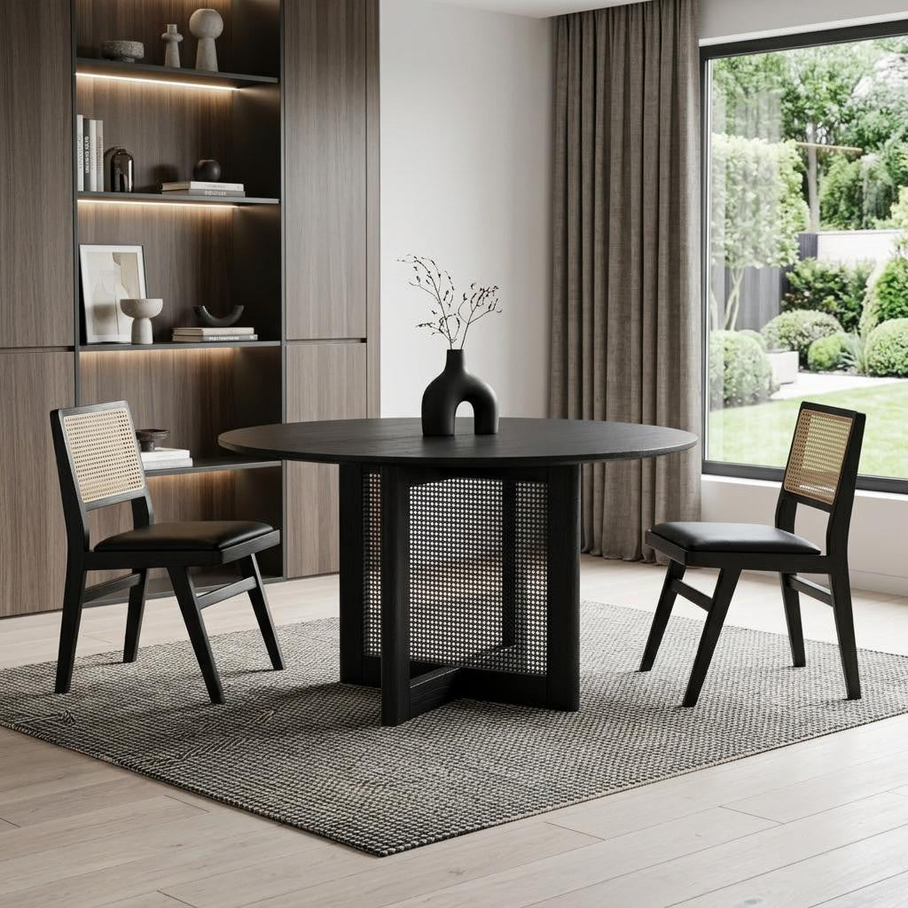 52" Black Solid Wood and Rattan Cross Leg Base Round Top Dining Table