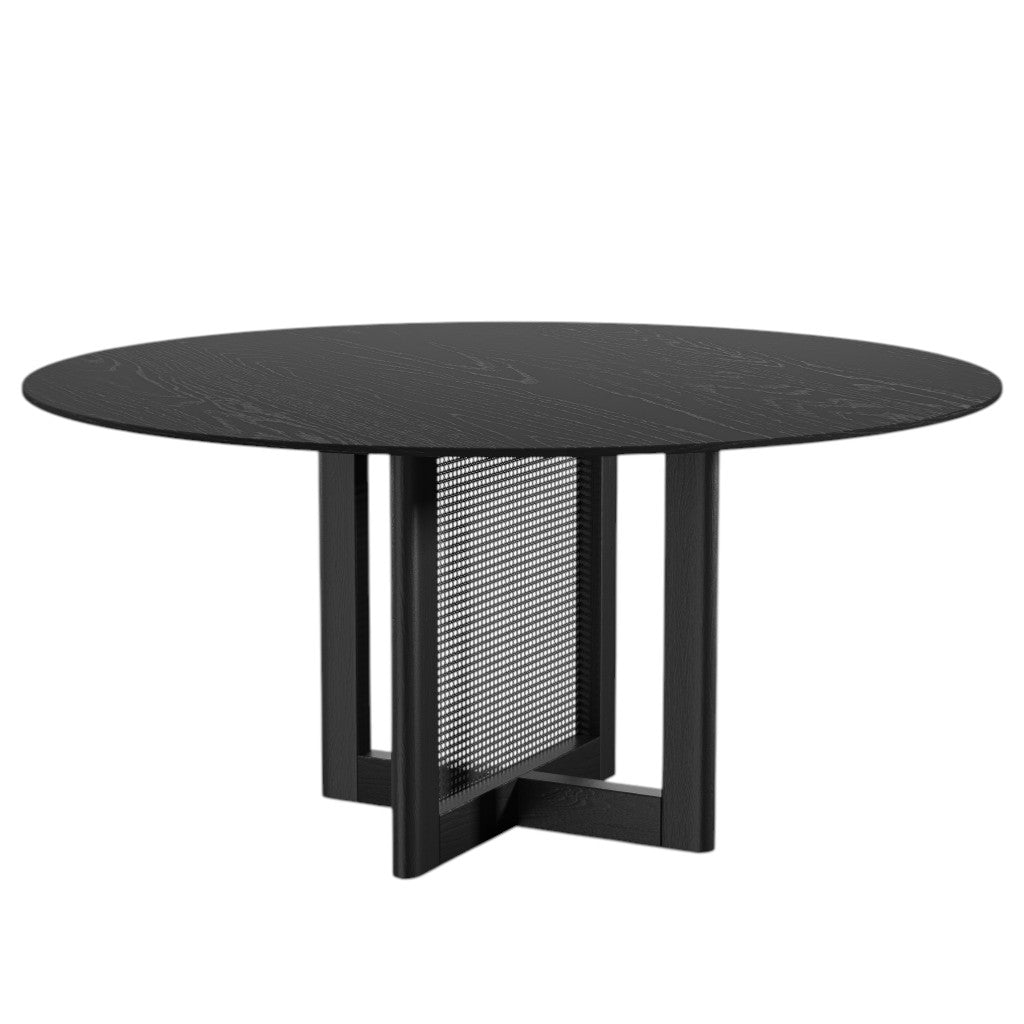 60" Black Solid Wood and Rattan Cross Leg Base Round Top Dining Table