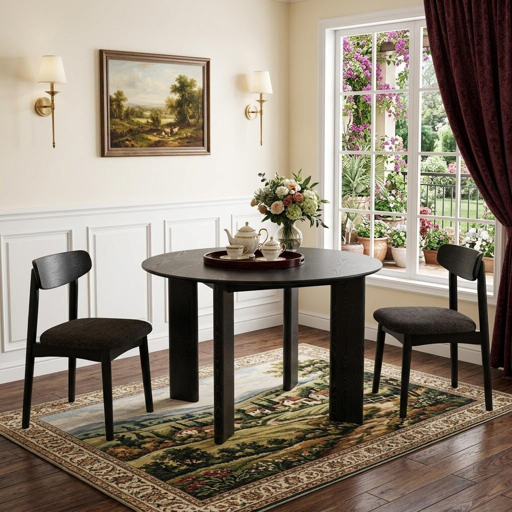 45" Black Solid Wood Round Top Dining Table