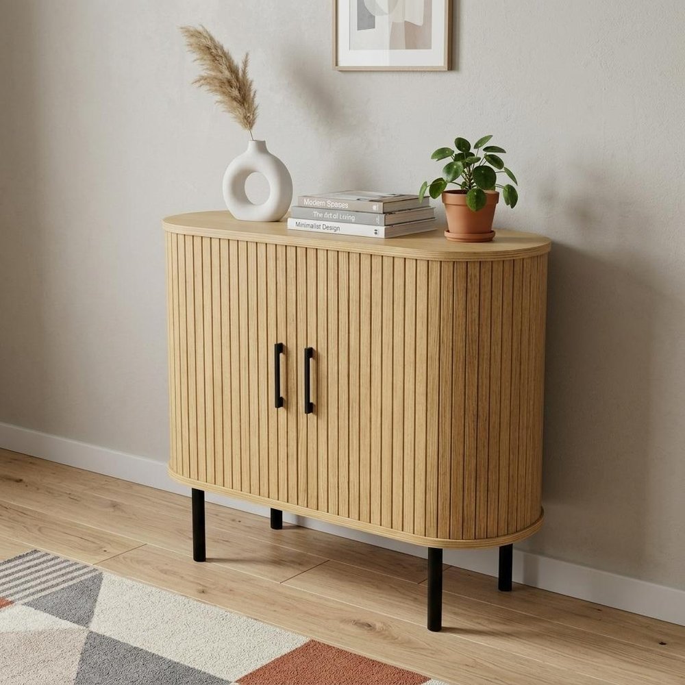 35" Natural Wood Ribbed Texture Sideboard With Two Sliding Doors