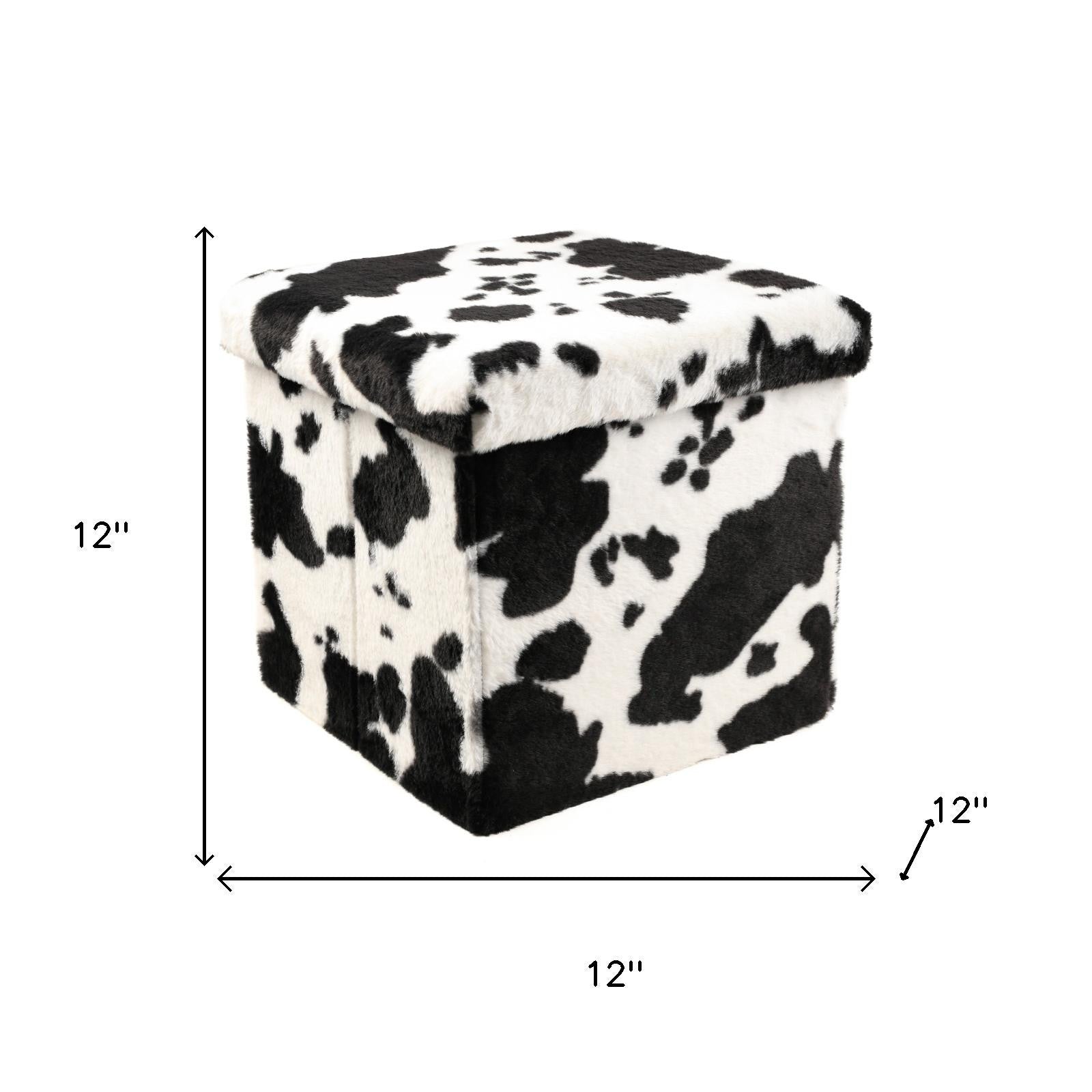 12" Black And White Faux Fur Cow Print Ottoman
