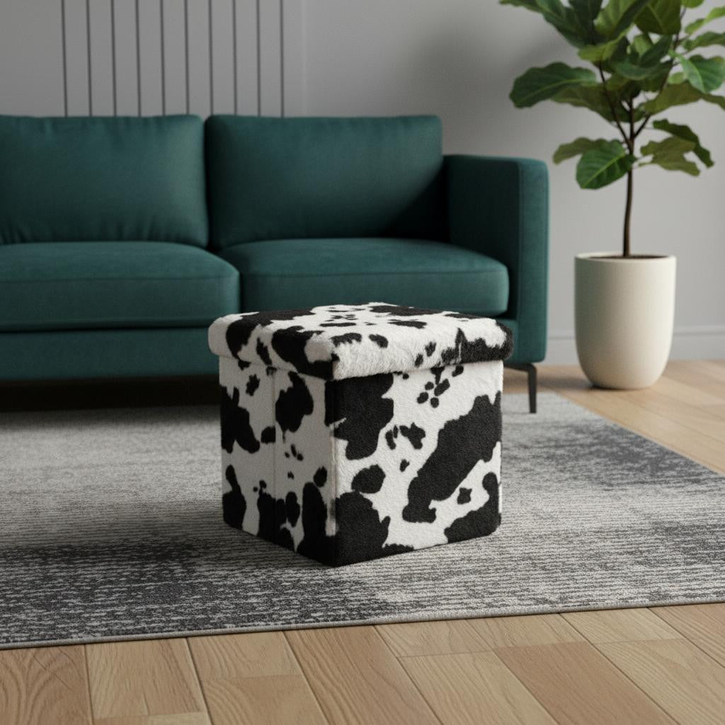 12" Black And White Faux Fur Cow Print Ottoman