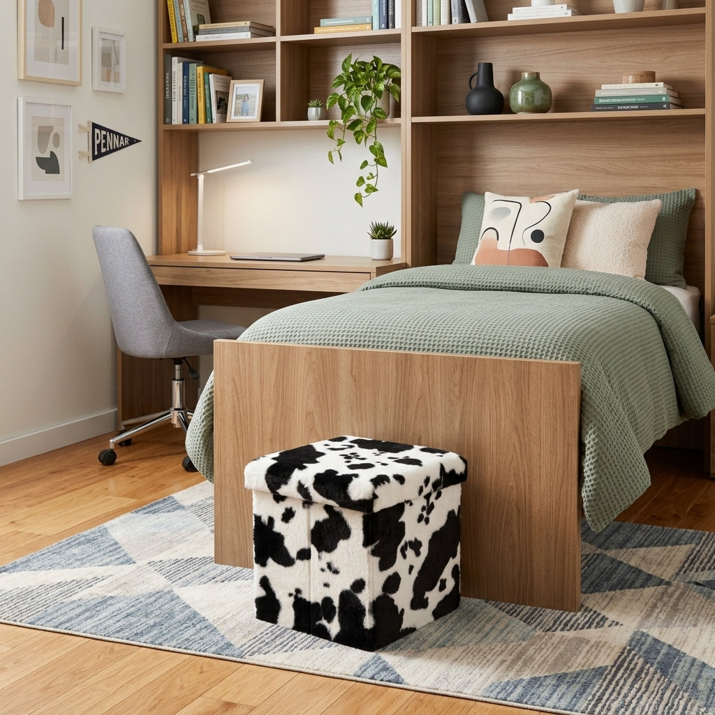 12" Black And White Faux Fur Cow Print Ottoman