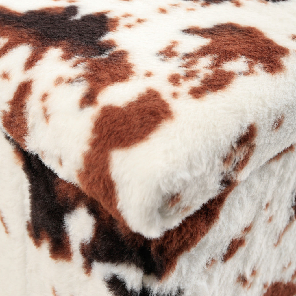 12" Brown And White Faux Fur Cow Print Ottoman