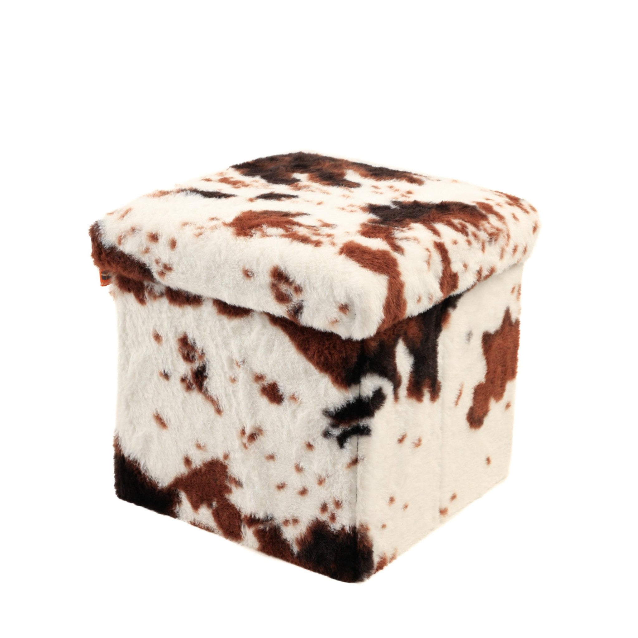12" Brown And White Faux Fur Cow Print Ottoman
