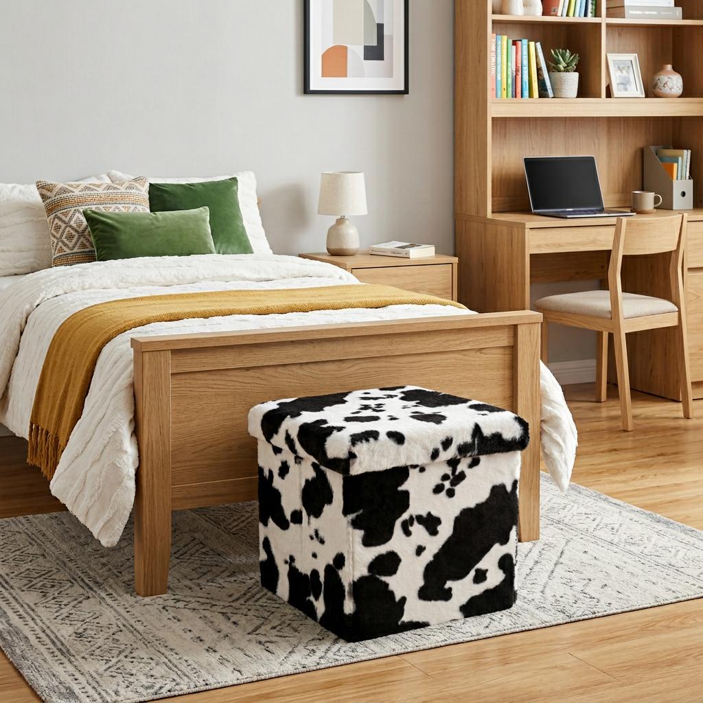 15" Black And White Faux Fur Cow Print Ottoman