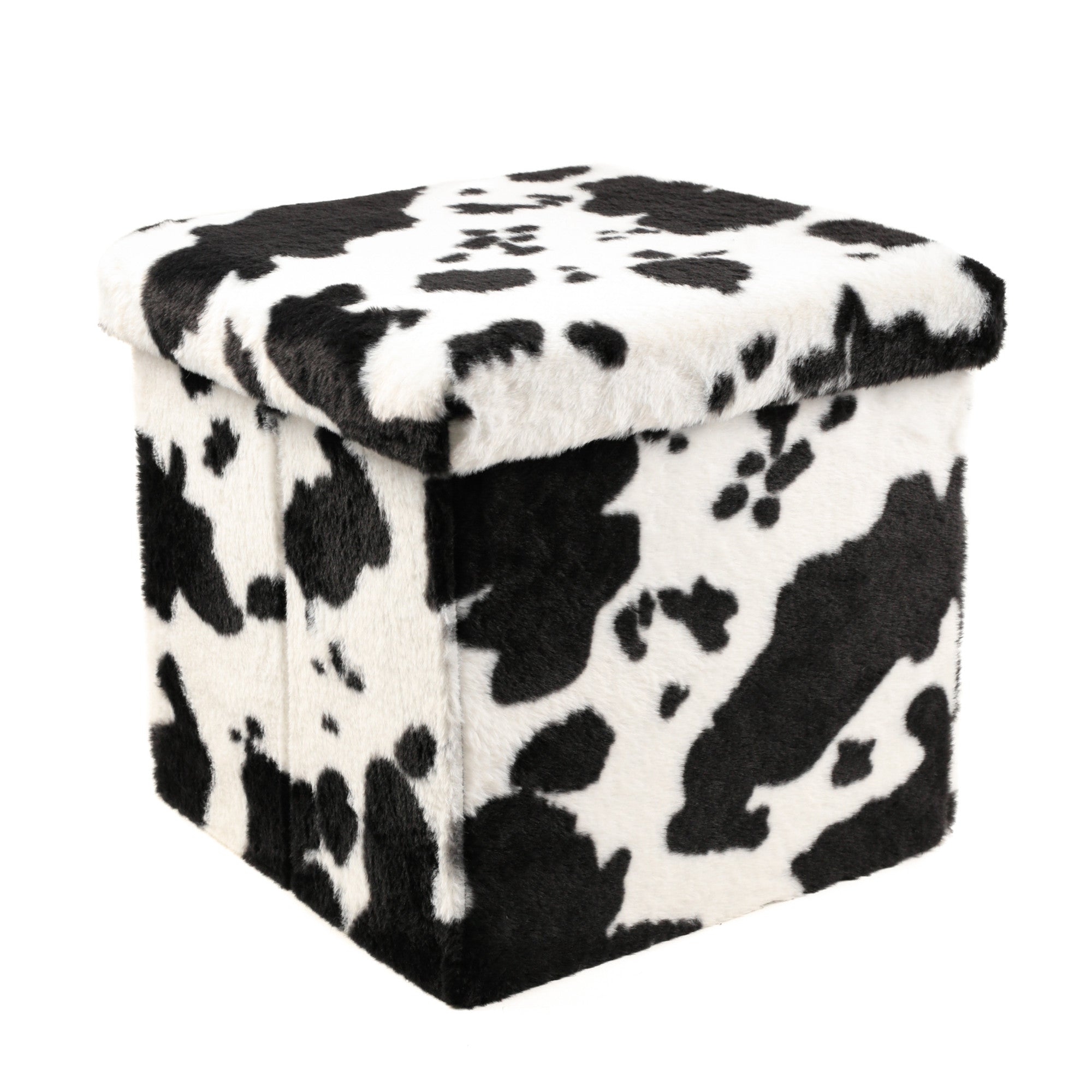 15" Black And White Faux Fur Cow Print Ottoman