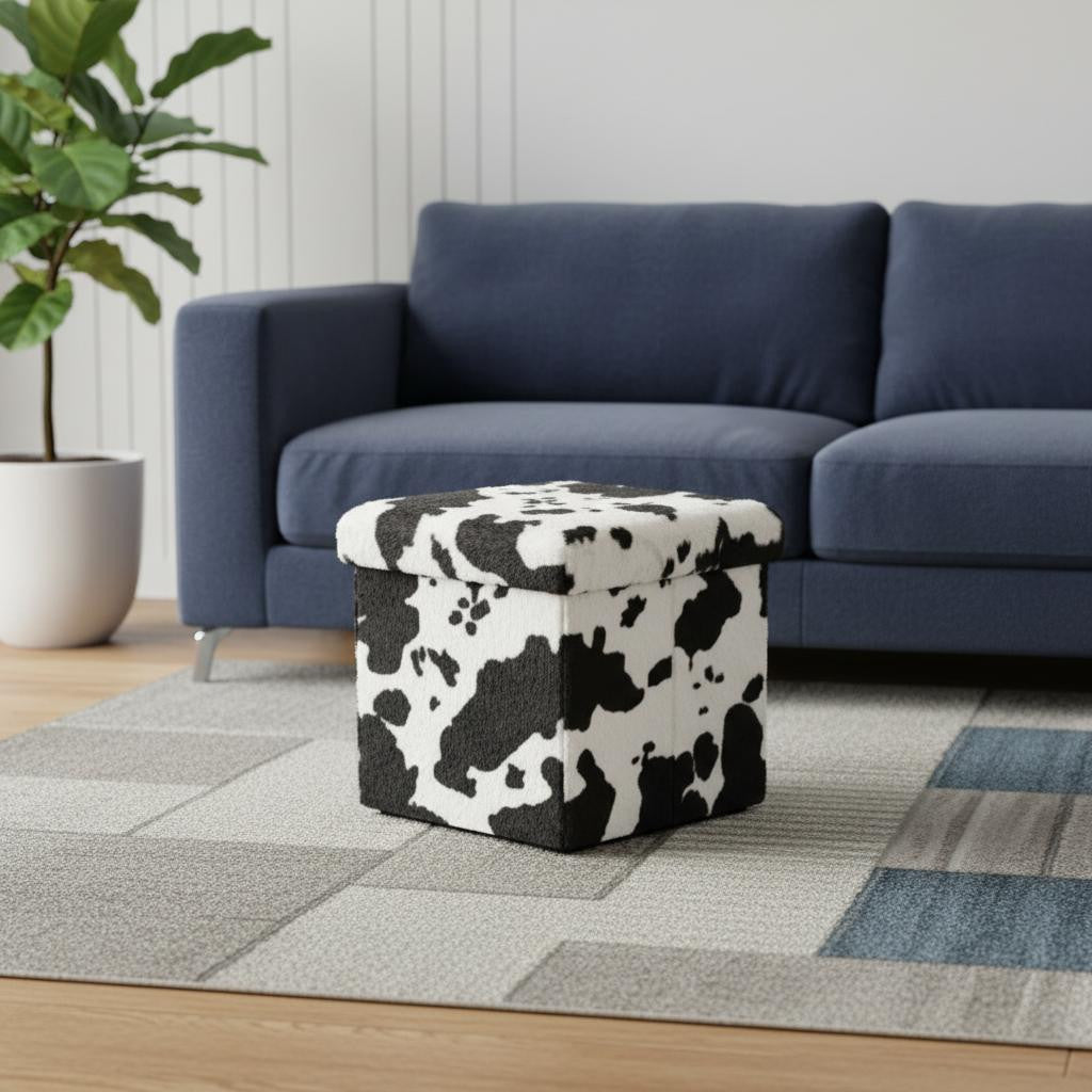 15" Black And White Faux Fur Cow Print Ottoman
