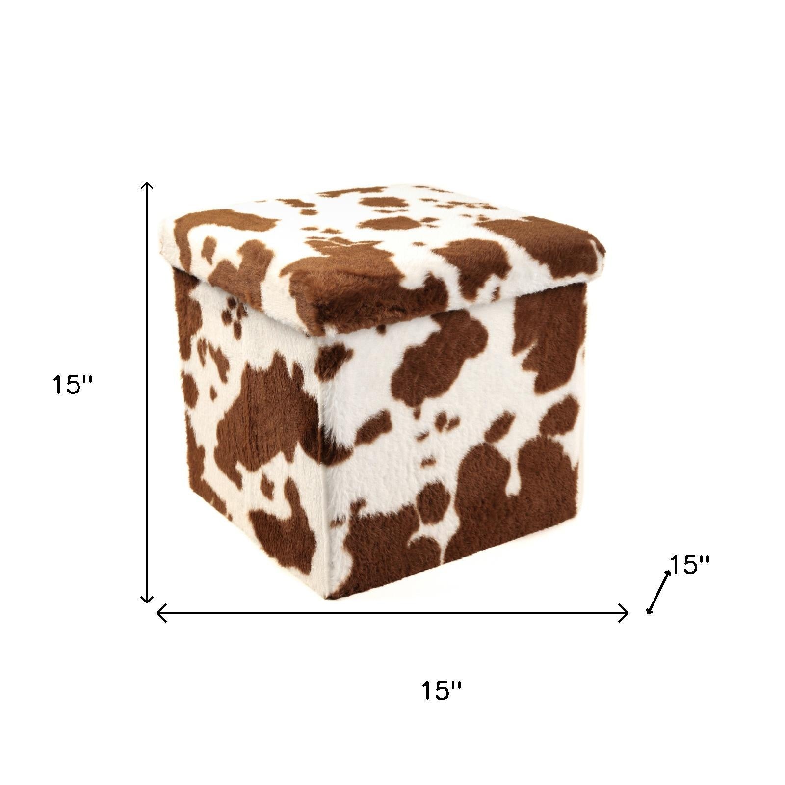 15" White And Brown Faux Fur Cow Print Ottoman