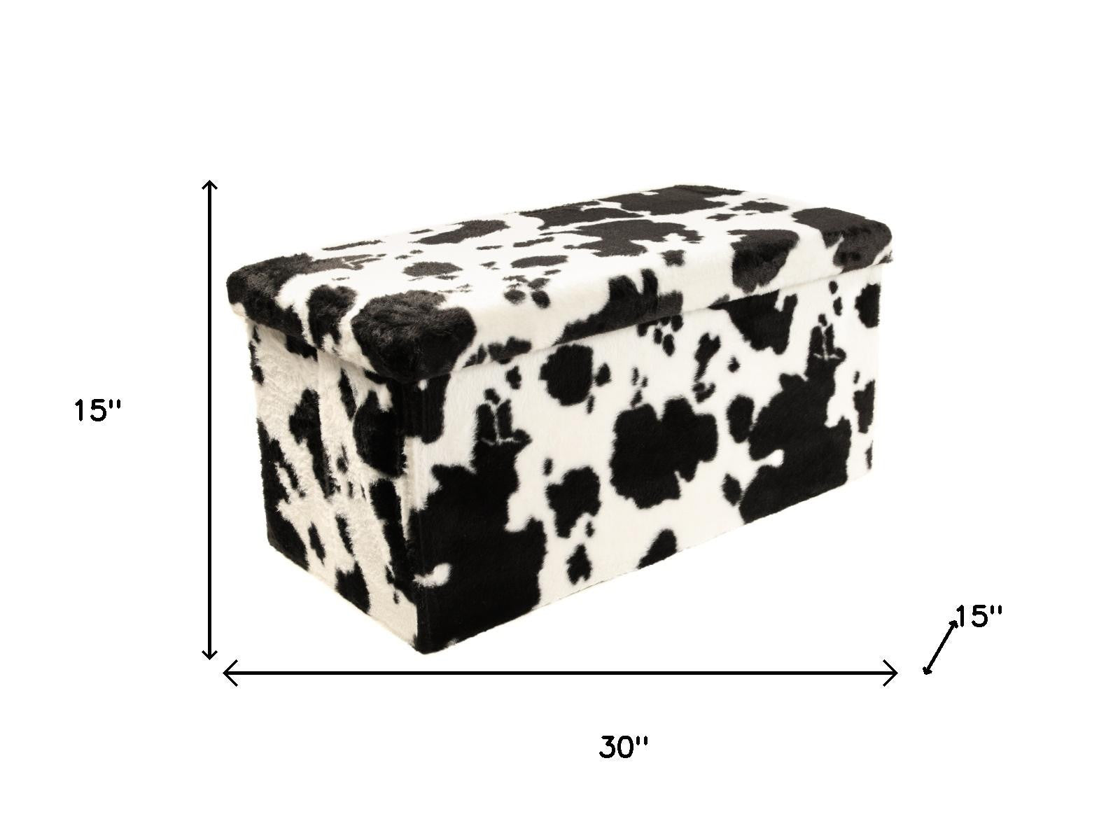 30" Black And White Faux Fur Cow Print Ottoman