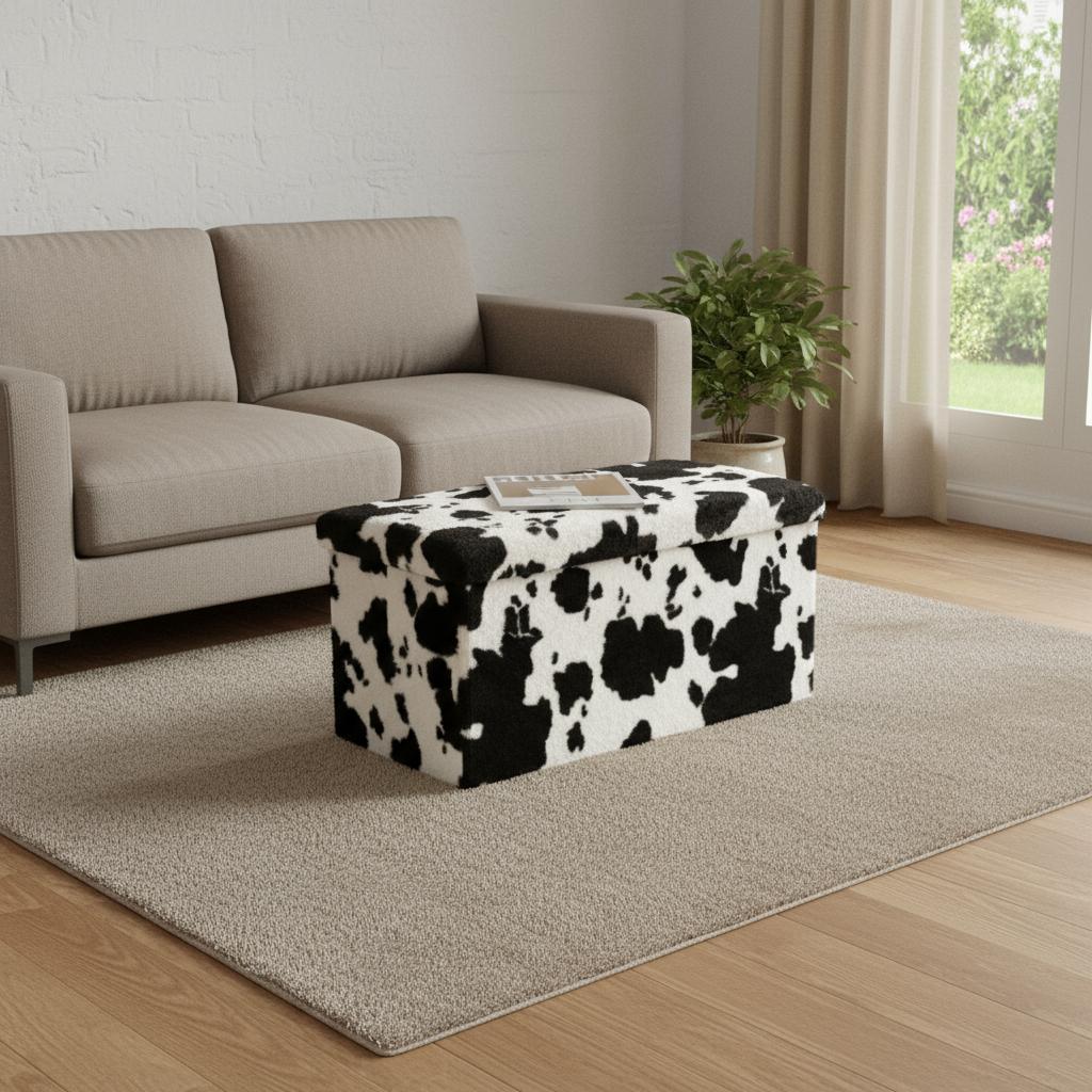 30" Black And White Faux Fur Cow Print Ottoman