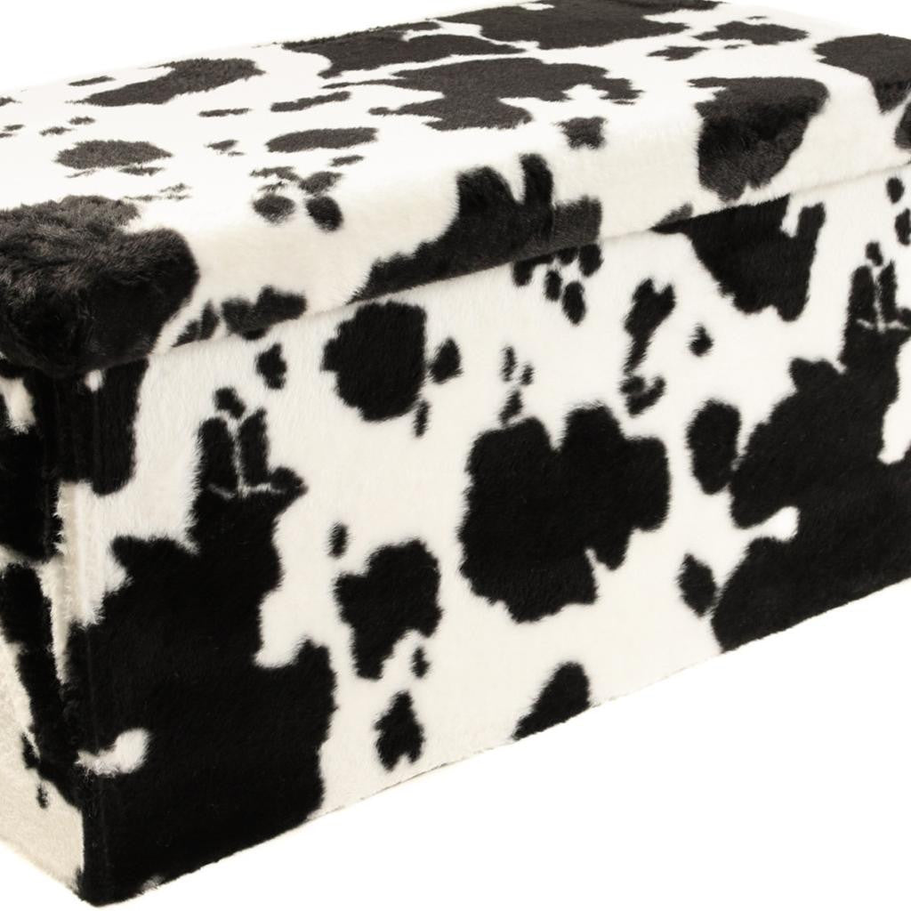 30" Black And White Faux Fur Cow Print Ottoman