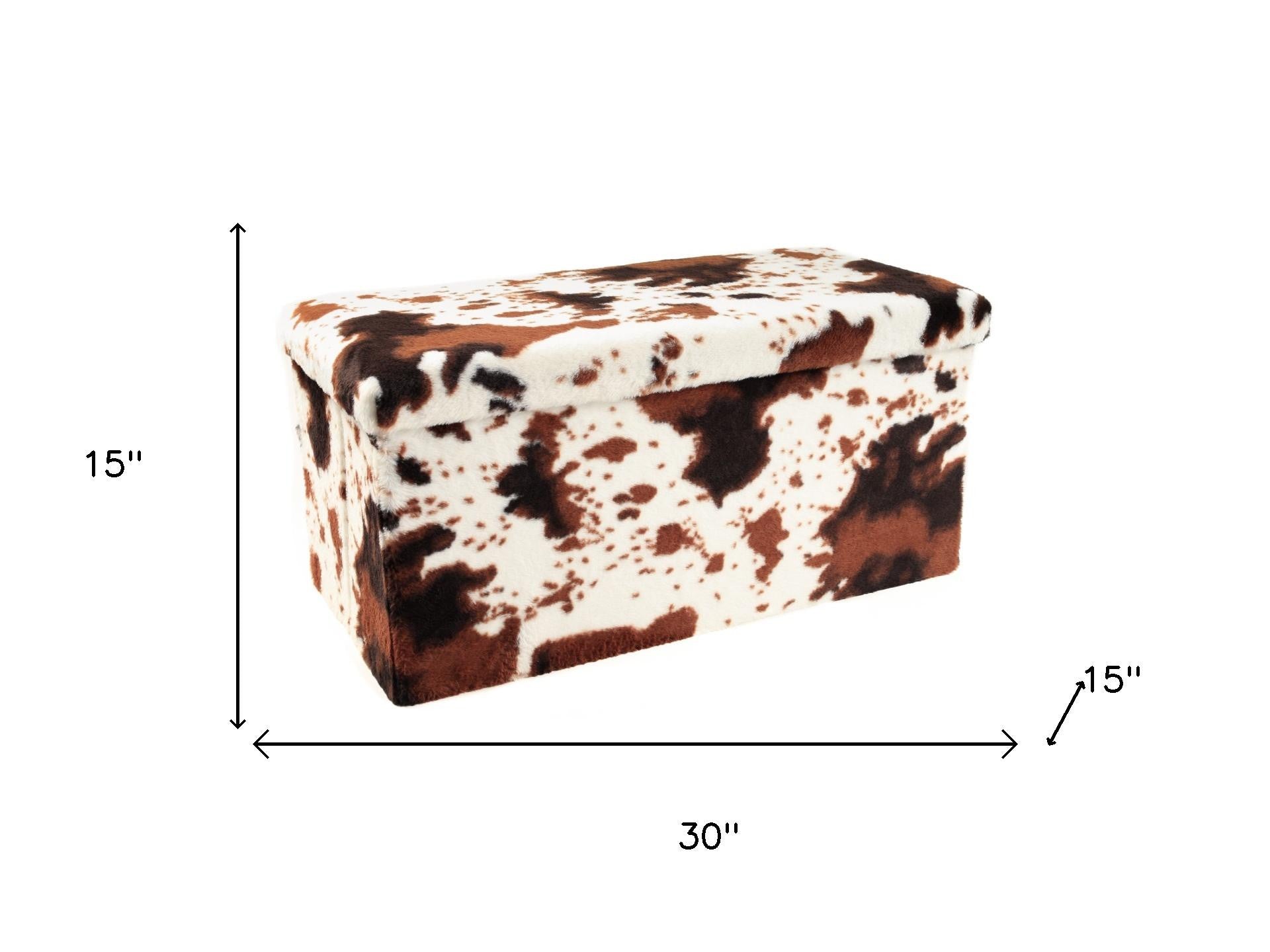 30" White And Brown Faux Fur Cow Print Ottoman