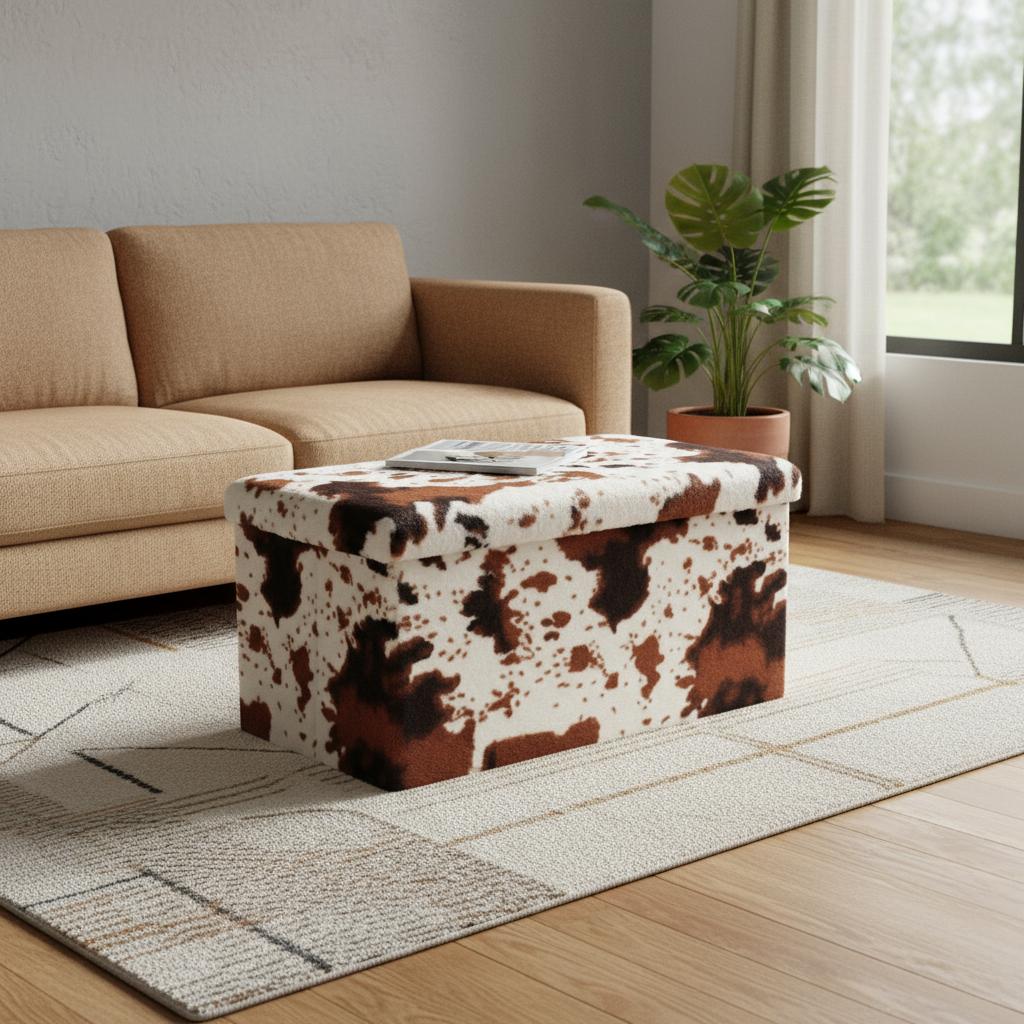 30" White And Brown Faux Fur Cow Print Ottoman