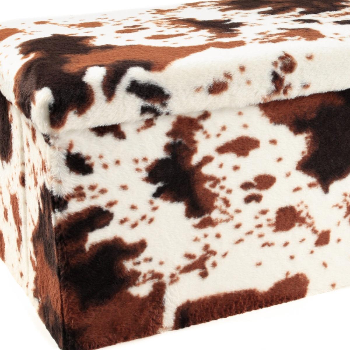 30" White And Brown Faux Fur Cow Print Ottoman