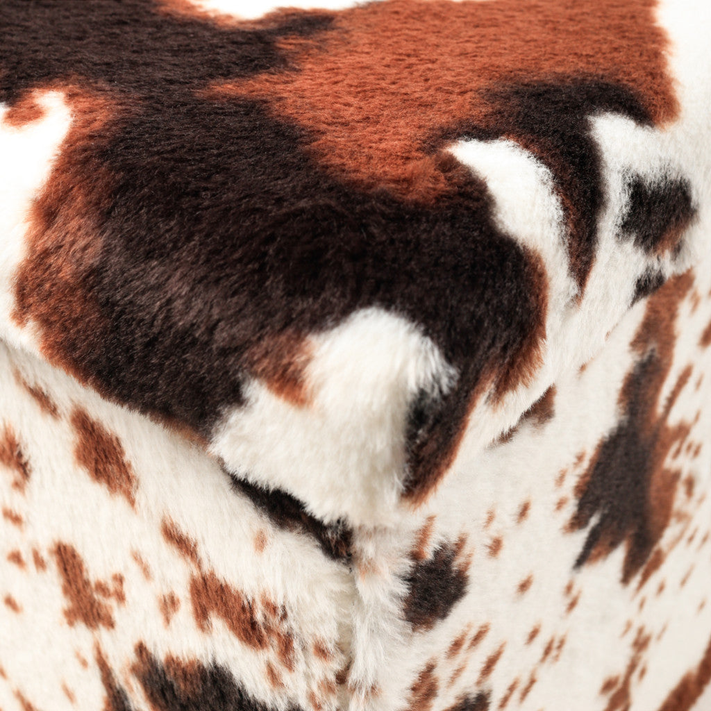 30" White And Brown Faux Fur Cow Print Ottoman