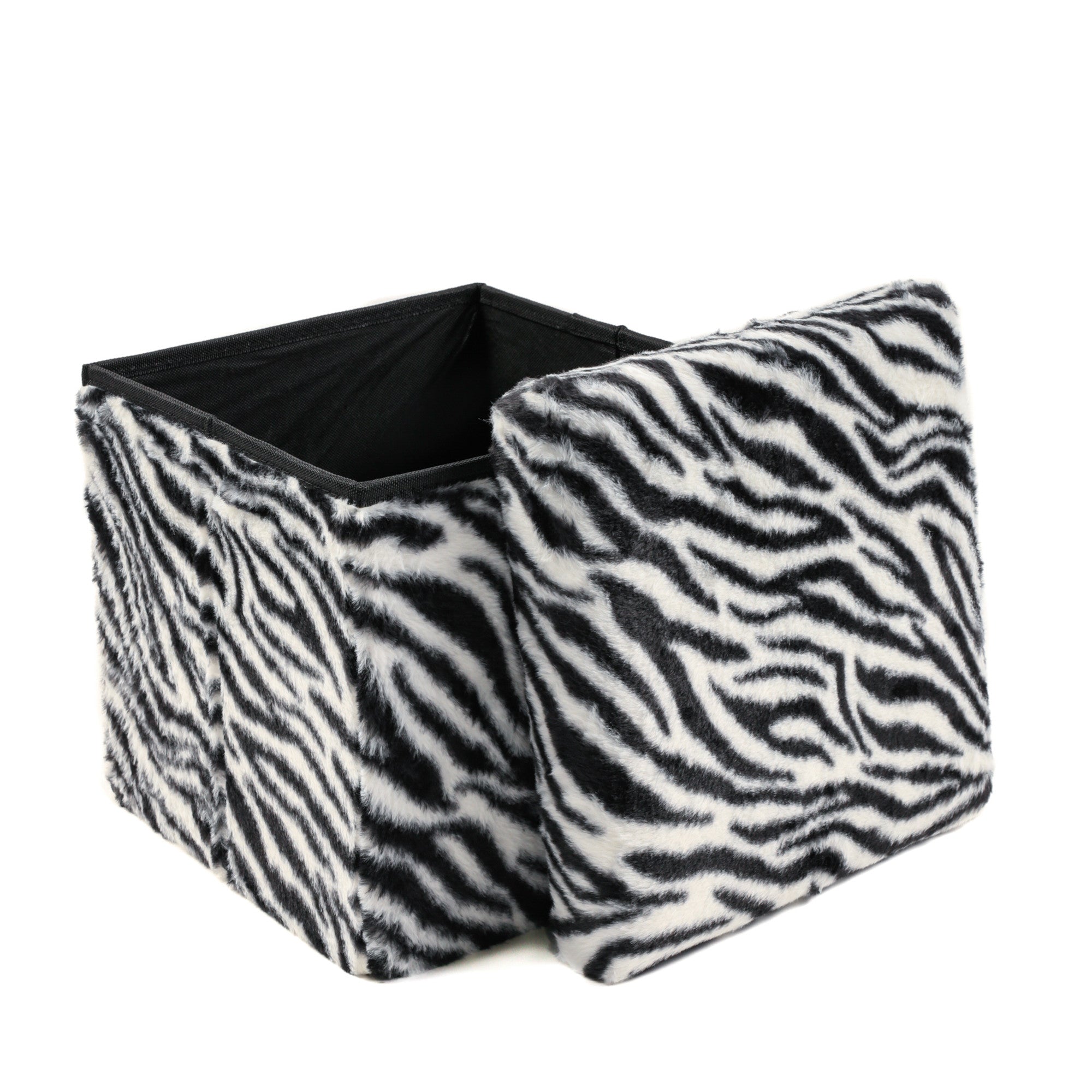 12" Black And White Faux Fur Zebra Ottoman