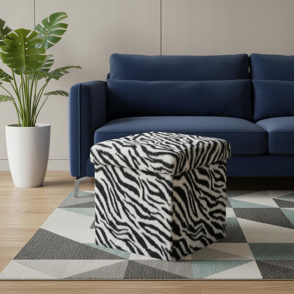 12" Black And White Faux Fur Zebra Ottoman
