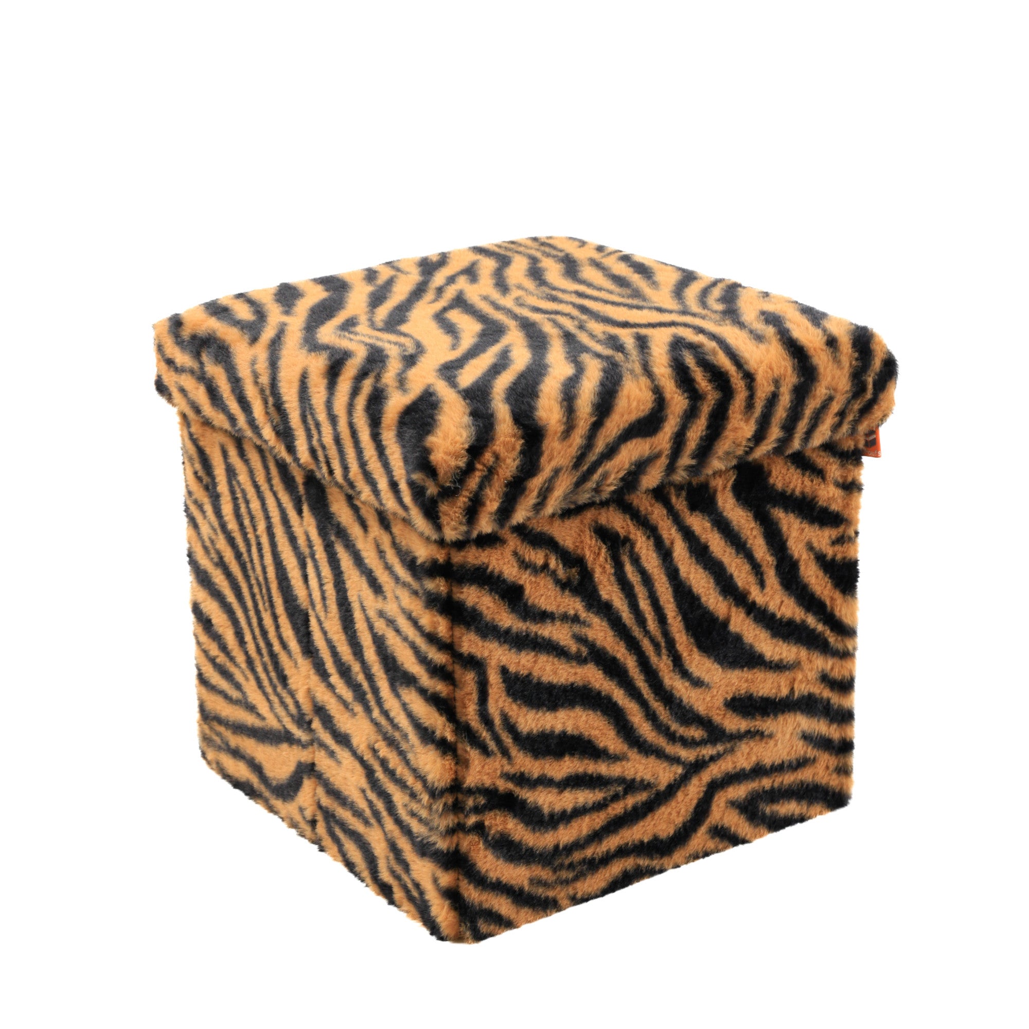12" Black And Tan Faux Fur Tiger Ottoman