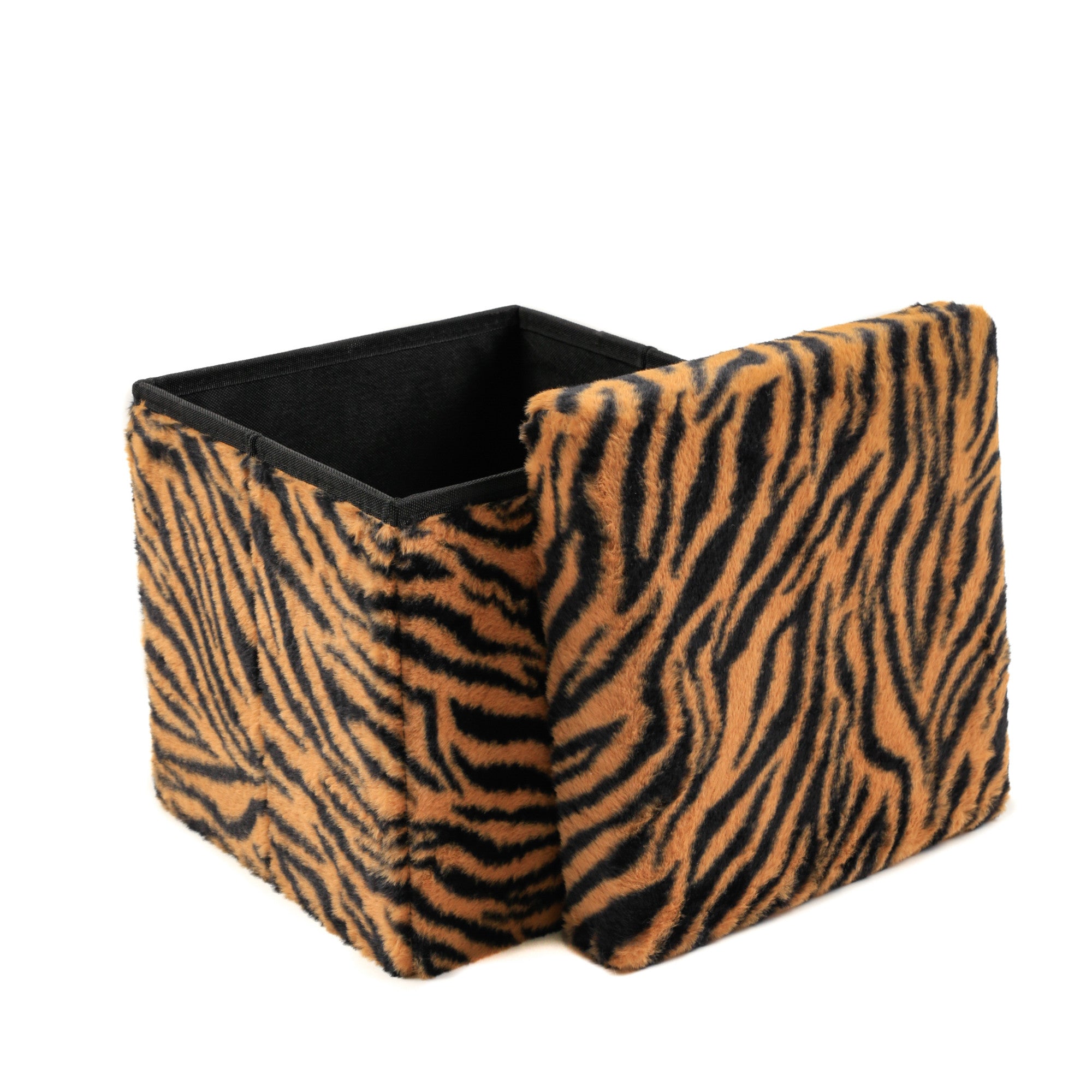 12" Black And Tan Faux Fur Tiger Ottoman