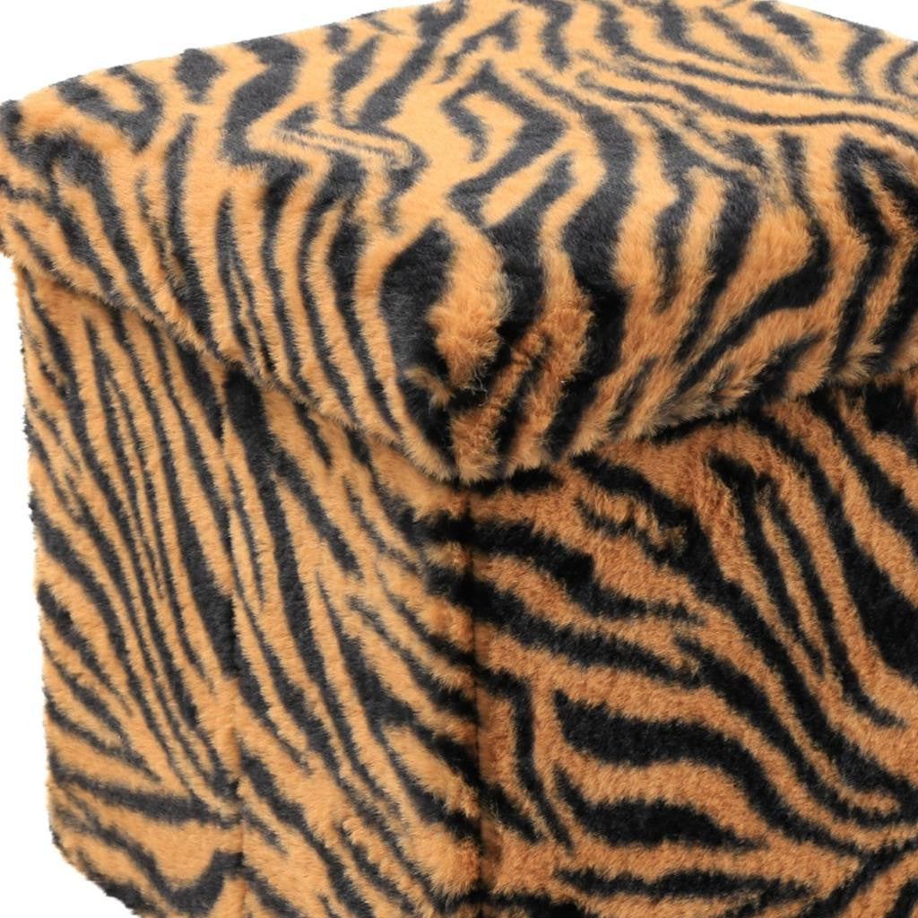 12" Black And Tan Faux Fur Tiger Ottoman