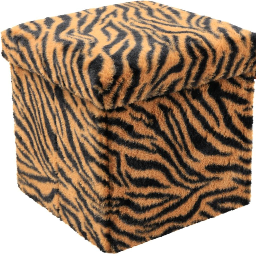 12" Black And Tan Faux Fur Tiger Ottoman