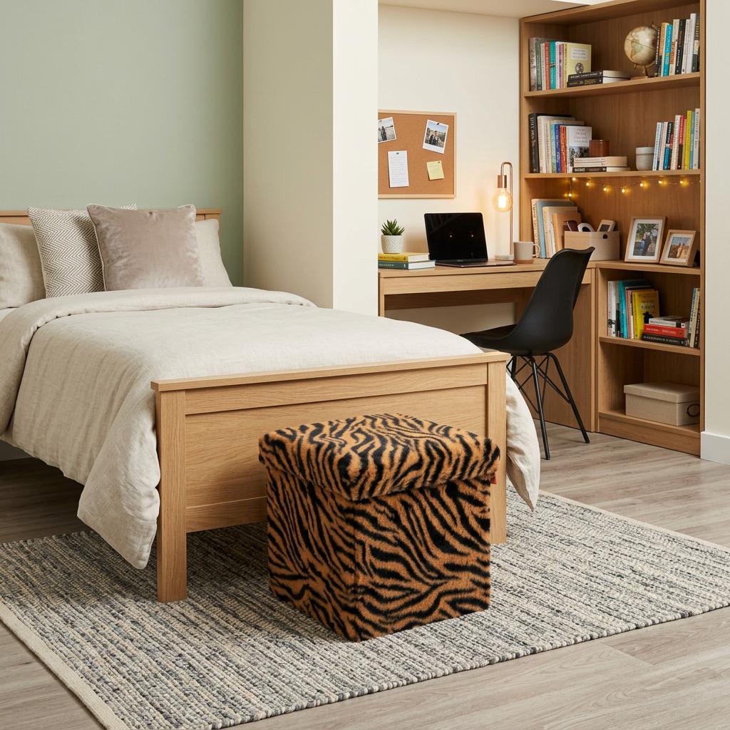 12" Black And Tan Faux Fur Tiger Ottoman