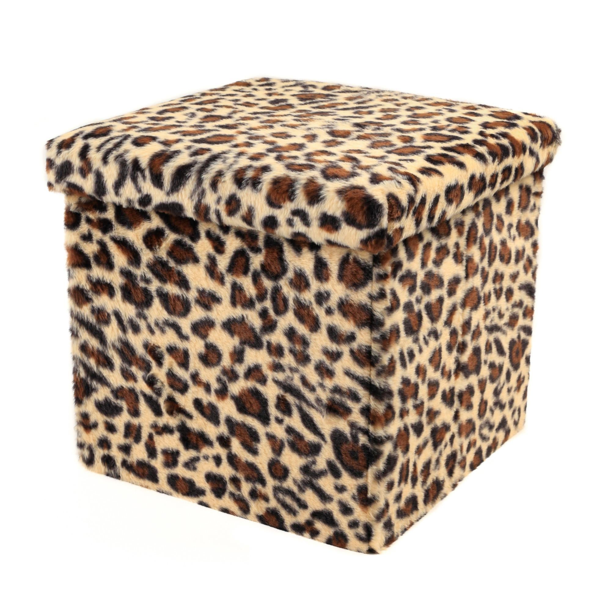 15" Tan And Black Faux Fur Leopard Ottoman
