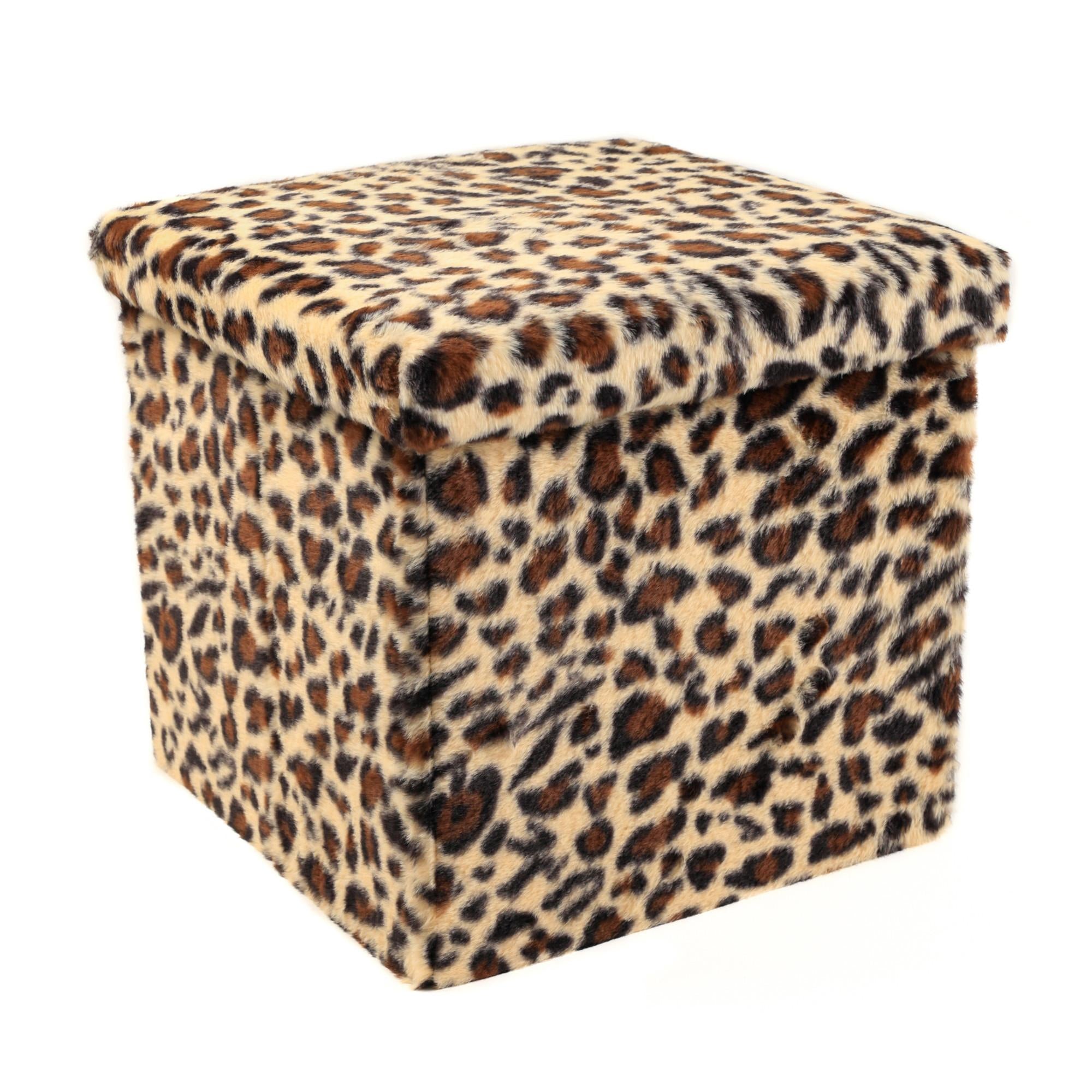 15" Tan And Black Faux Fur Leopard Ottoman