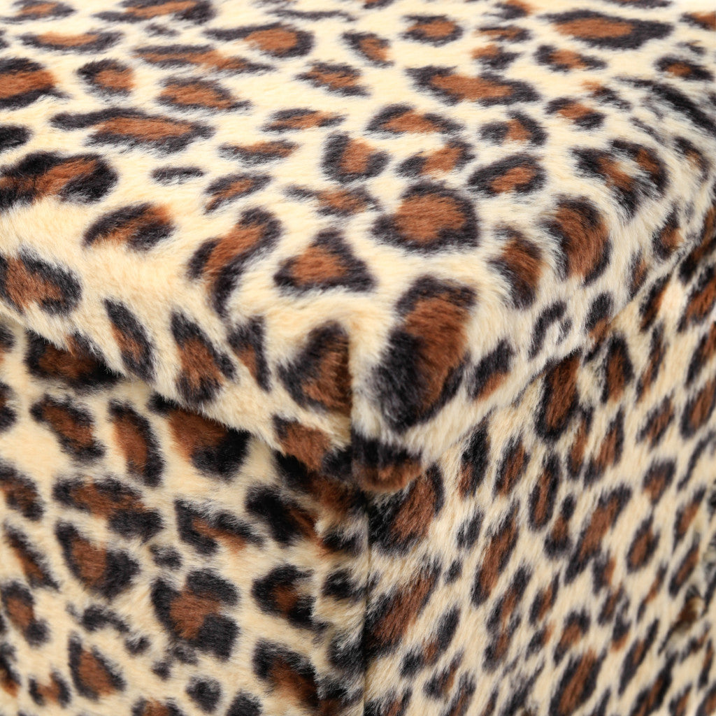 15" Tan And Black Faux Fur Leopard Ottoman