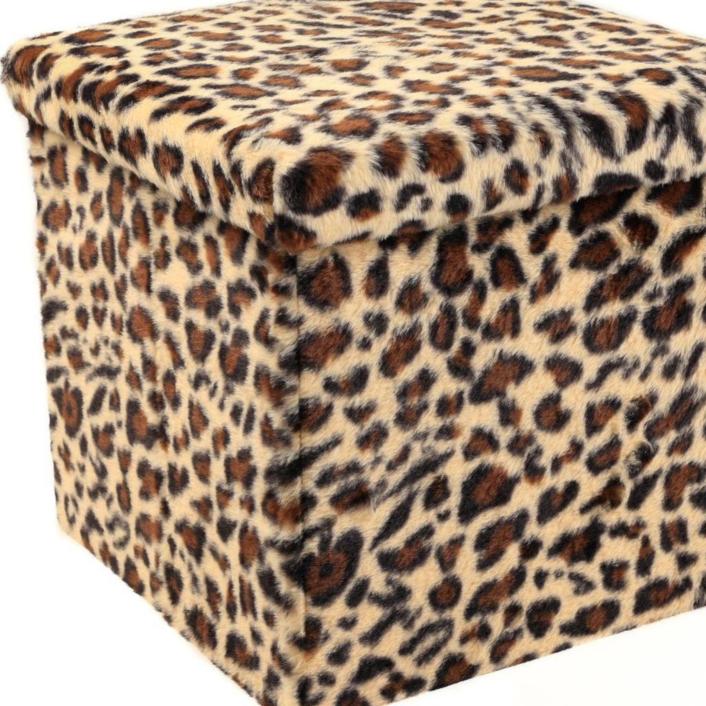 15" Tan And Black Faux Fur Leopard Ottoman