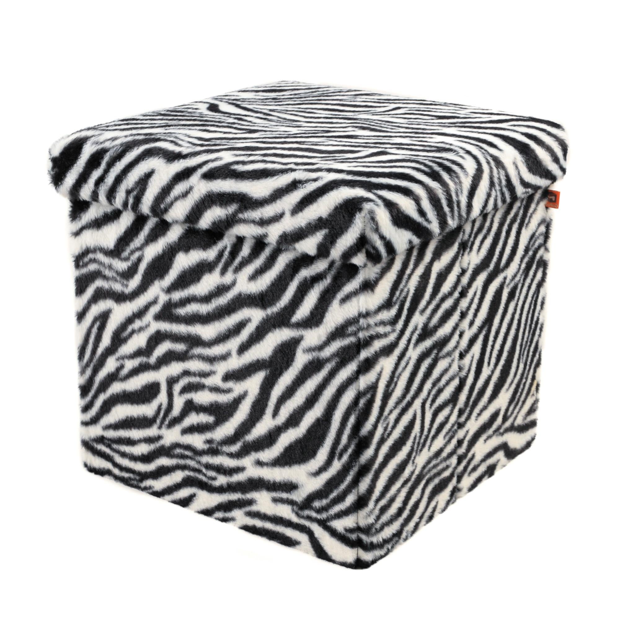 15" Black And White Faux Fur Zebra Ottoman