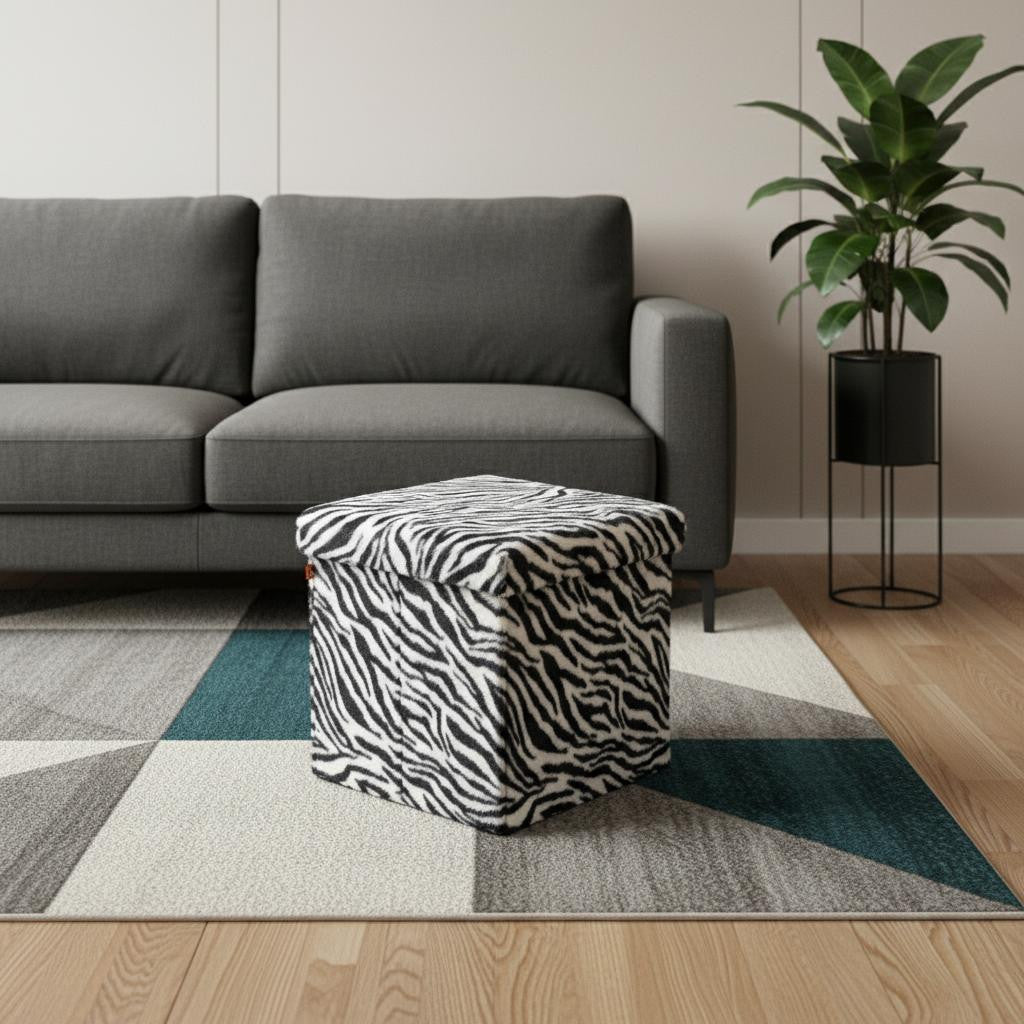 15" Black And White Faux Fur Zebra Ottoman