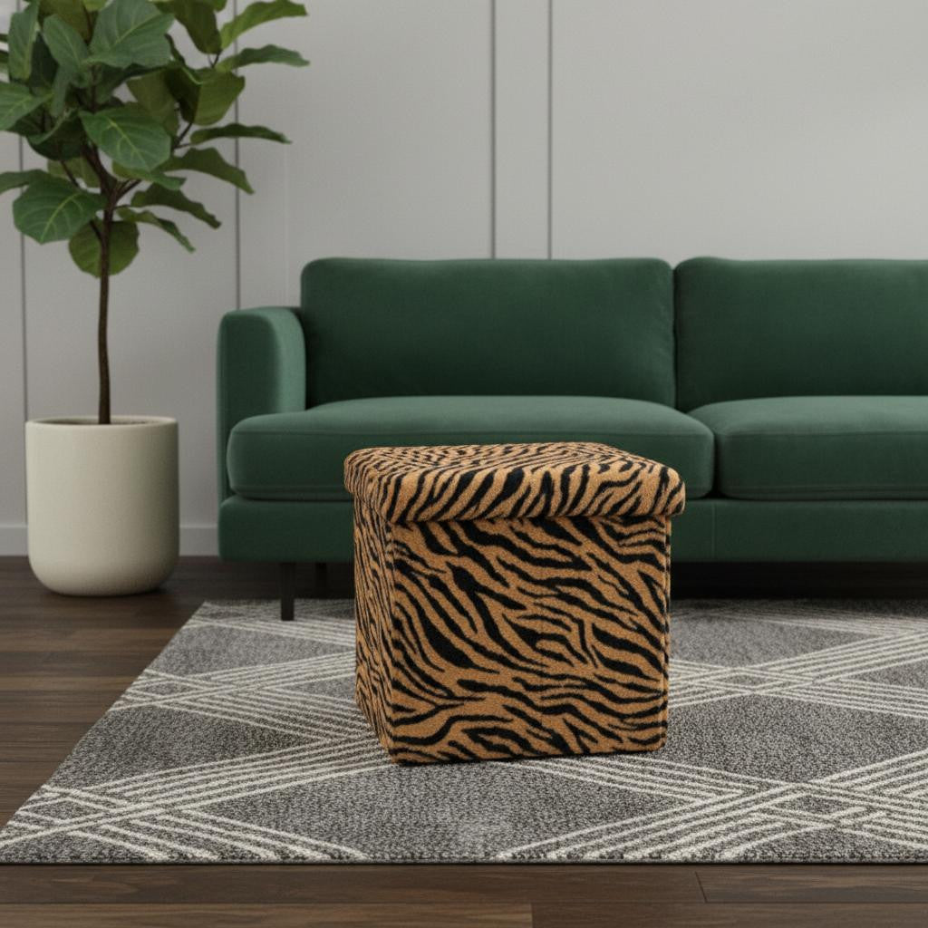 15" Tan And Black Faux Fur Tiger Ottoman