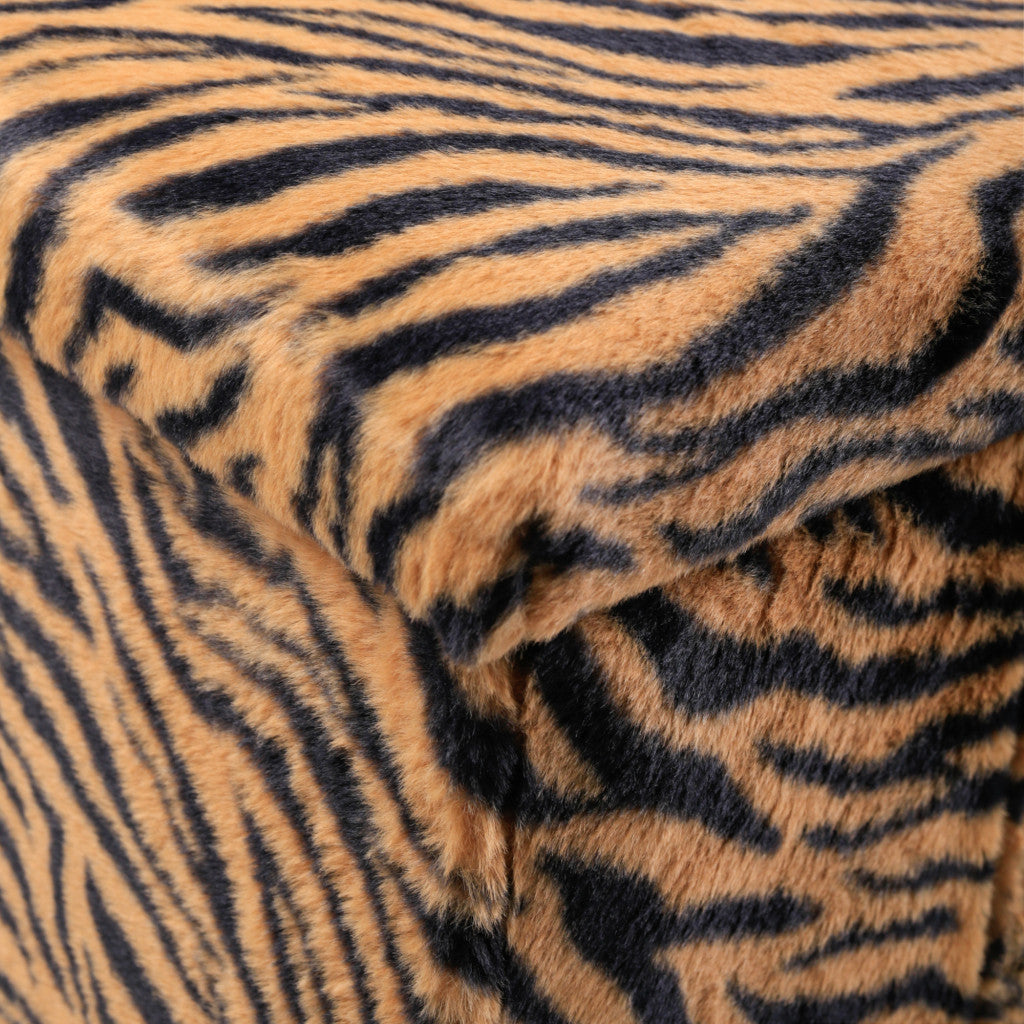 15" Tan And Black Faux Fur Tiger Ottoman