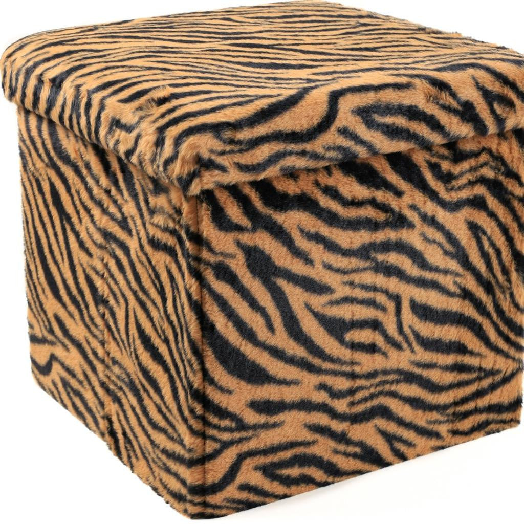 15" Tan And Black Faux Fur Tiger Ottoman