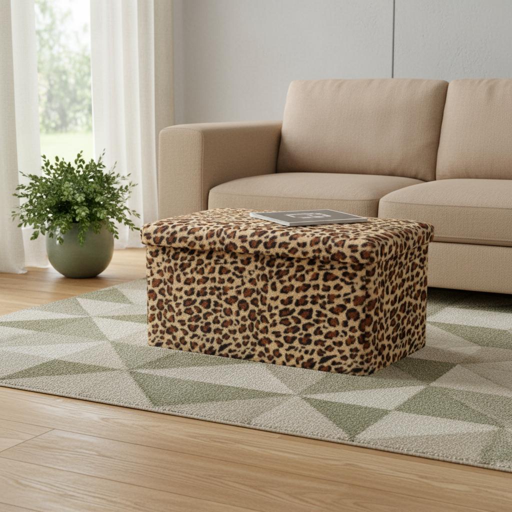 30" Tan And Black Faux Fur Leopard Ottoman