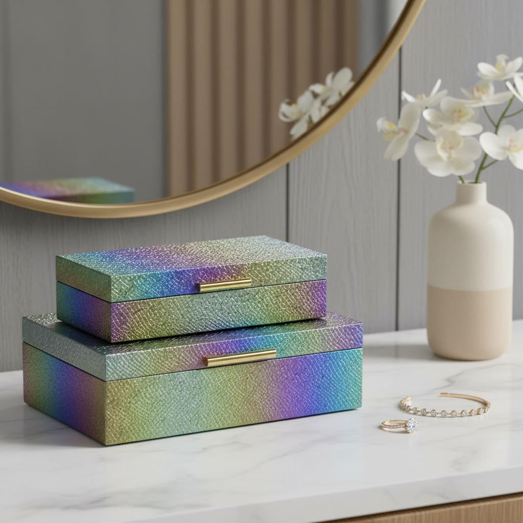 Set of Two Rainbow And Gold Faux Shagreen Nesting Storage Boxes With Lids