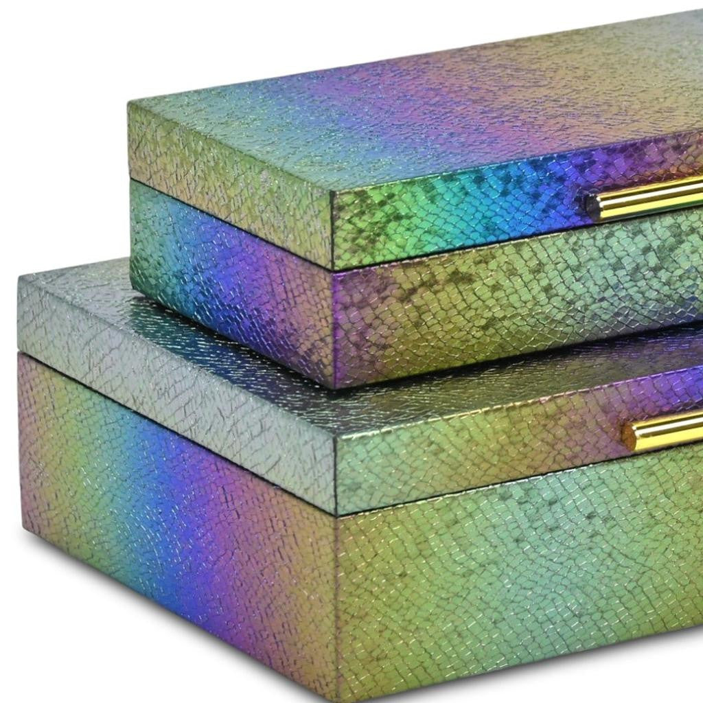 Set of Two Rainbow And Gold Faux Shagreen Nesting Storage Boxes With Lids