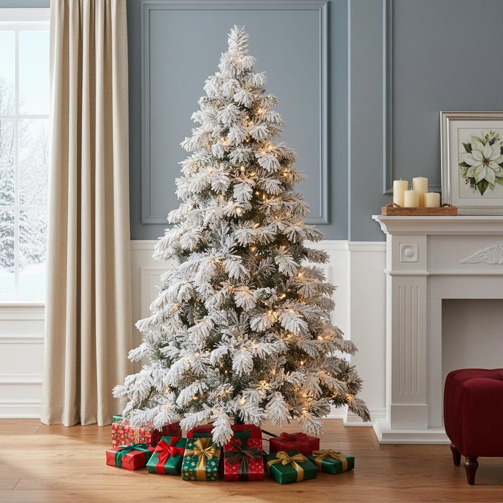 5' Green And White Pre Lit Full Flocked Pine Christmas Tree