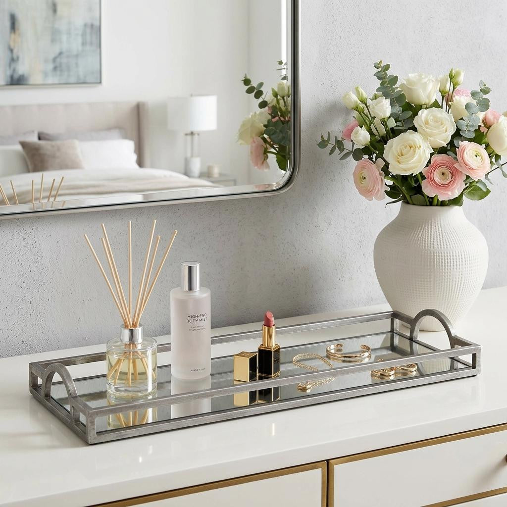 32" Silver Metal And Mirrored Glass Handmade Vanity Tray With Handles