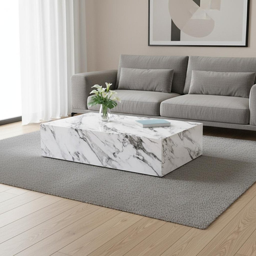 48" White Faux Marble Block Coffee Table