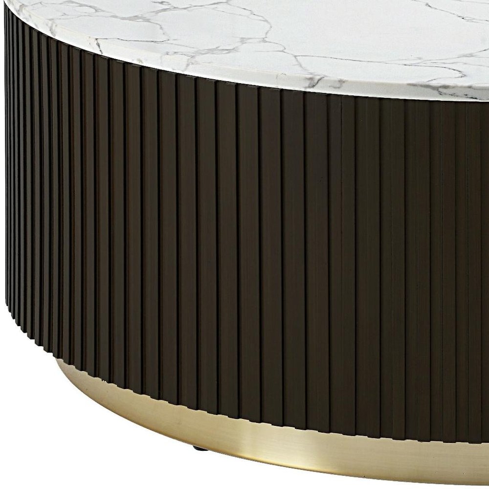 35" White Espresso and Gold Faux Marble Solid Wood and Steel Round Drum Coffee Table